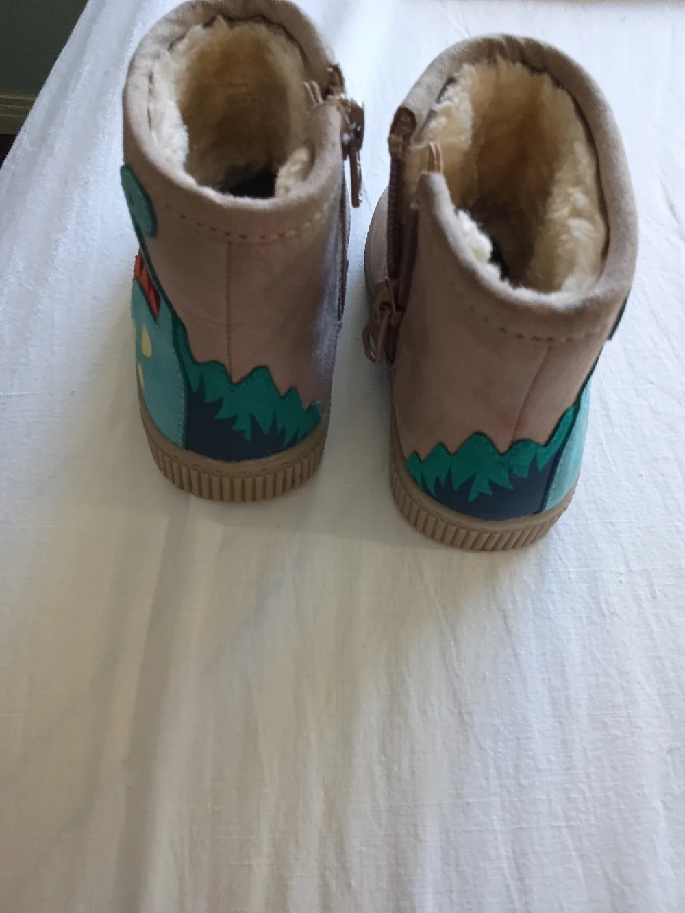 Cat & Jack Beige Suede-Look Kids Boots with Teal Dinosaur